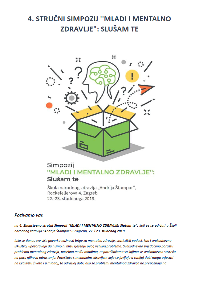 4. STRUČNI SIMPOZIJ ''MLADI I MENTALNO ZDRAVLJE": SLUŠAM TE